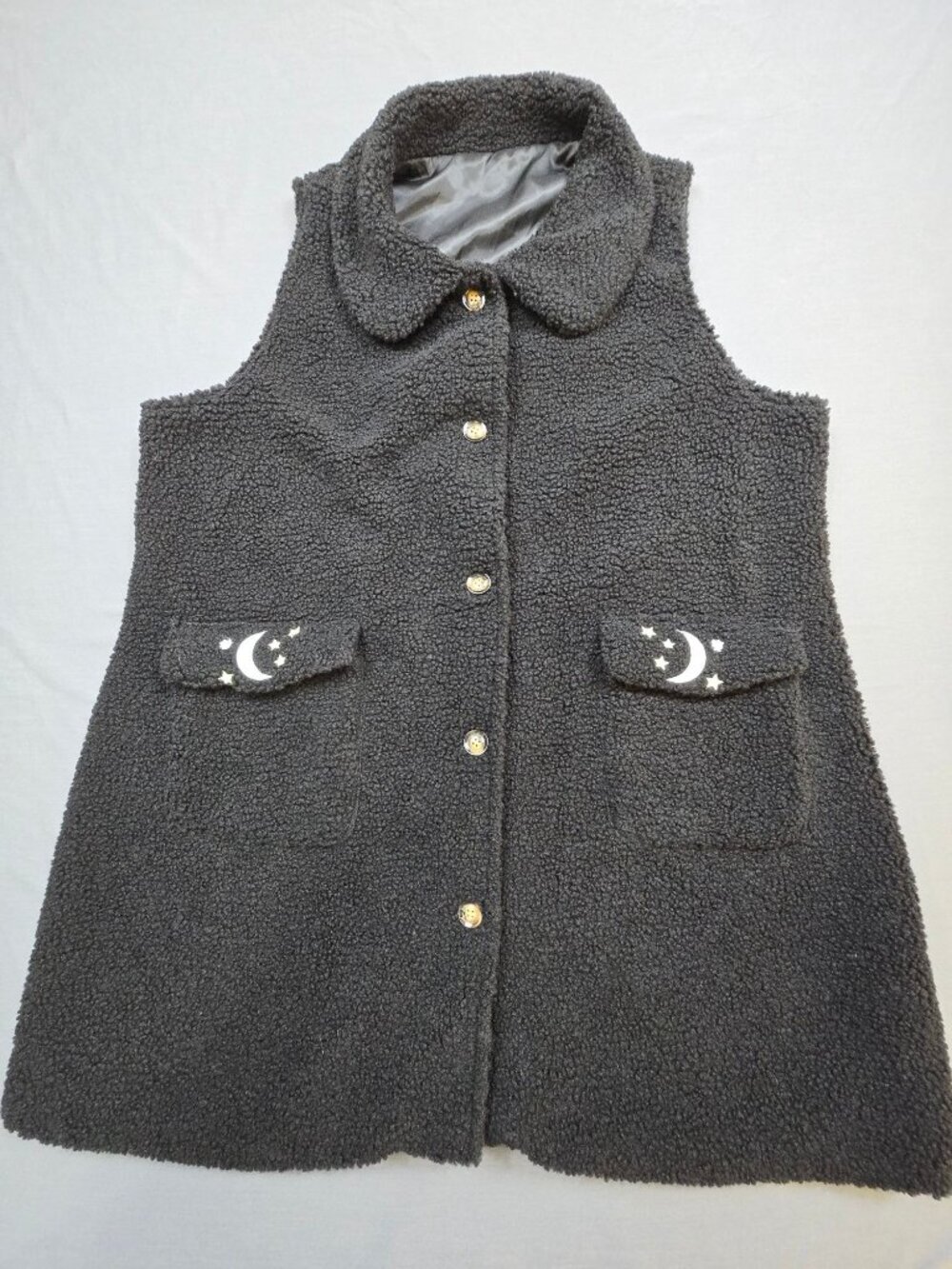 3XL Sherpa Vest Black Moon & Stars Celestial Embroidered Pockets Snap Closure